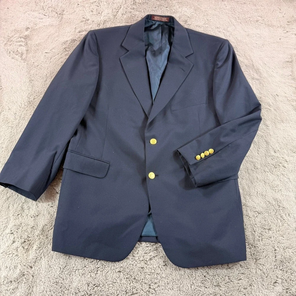 Nordstrom Mens‎ Navy Blue 100% Wool 2-Button Blazer Gold Crest Buttons 43R USA